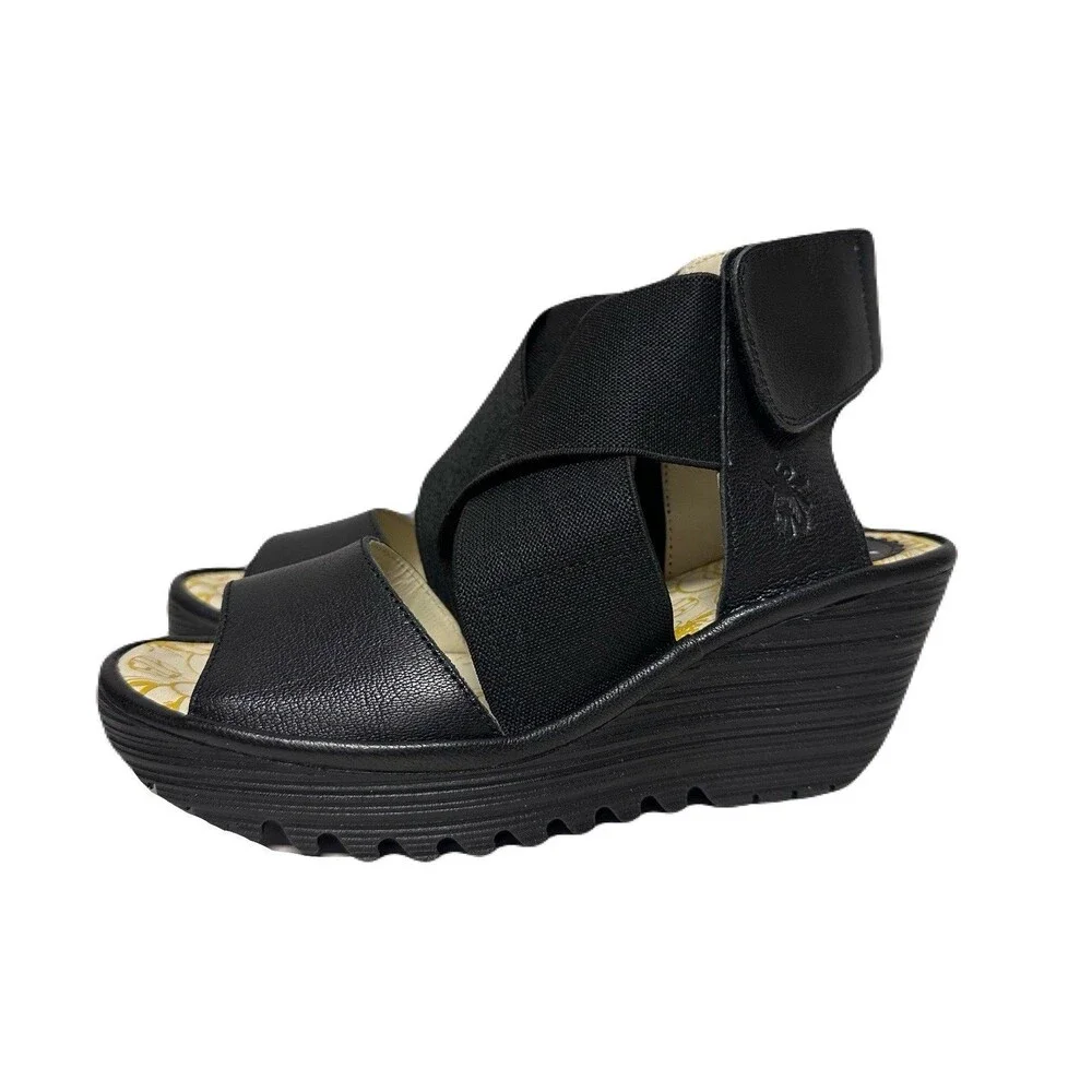 NEW FLY London Womens Size 6.5-7 37 Yuba Black Leather Crossover Wedge Sandals